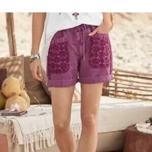 Sundance Purple Zinovia Shorts, embroidered, boho, linen, Size Large